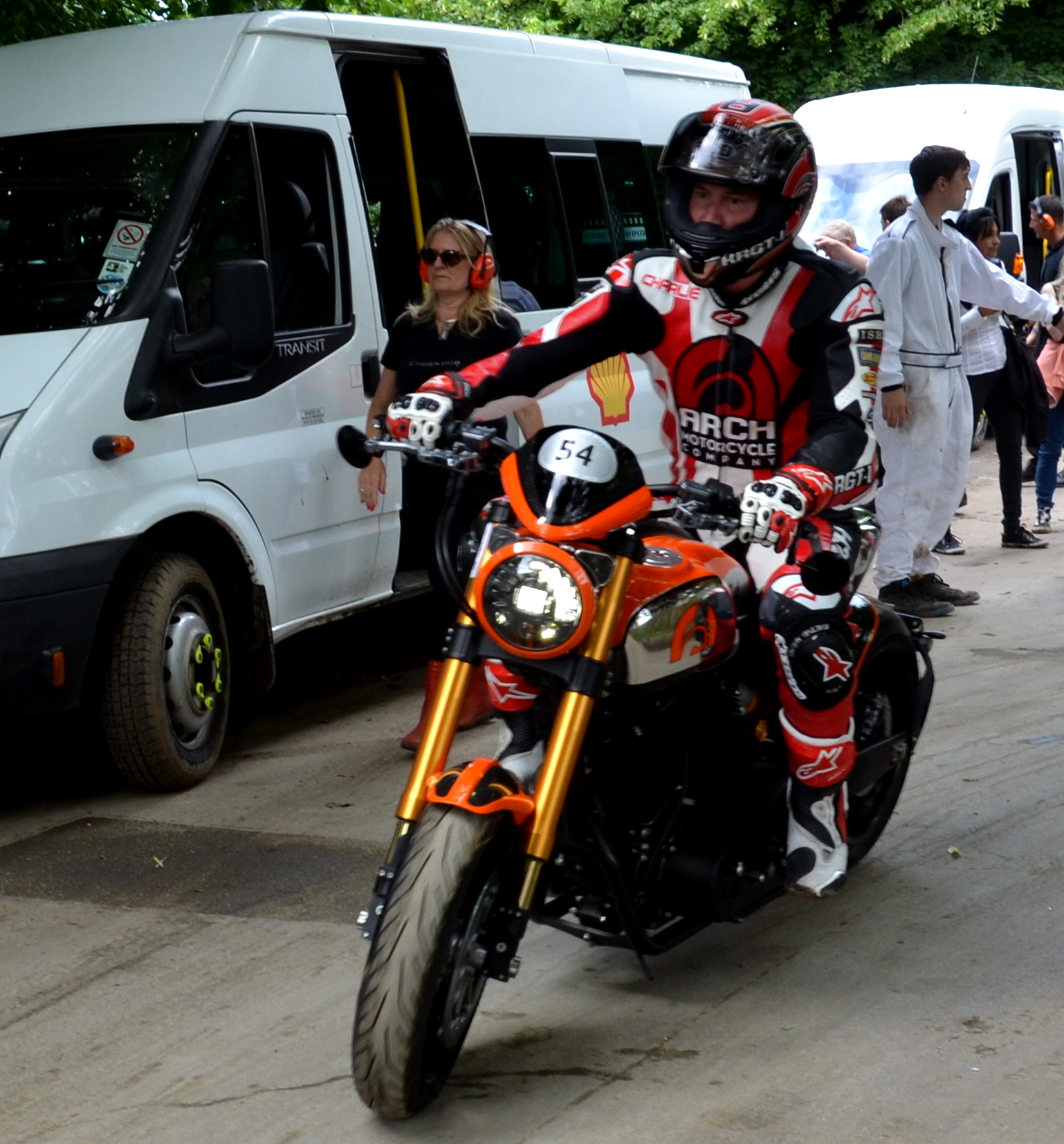 Kearnu on his Arch Motorcyle prior to the hillclimb at Goodwood FOS 
